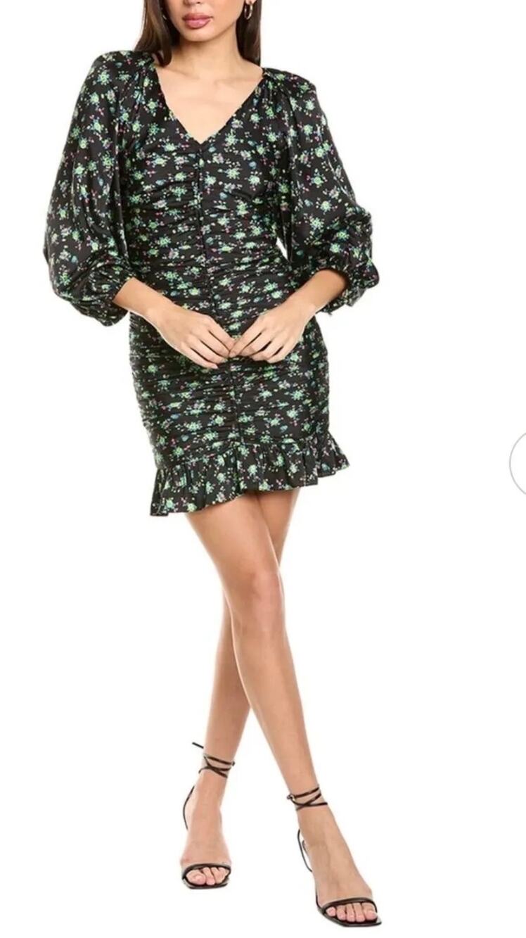 Sandro Novalee Floral Ruched Mini Dress in Noir Size US 4 (French 36)